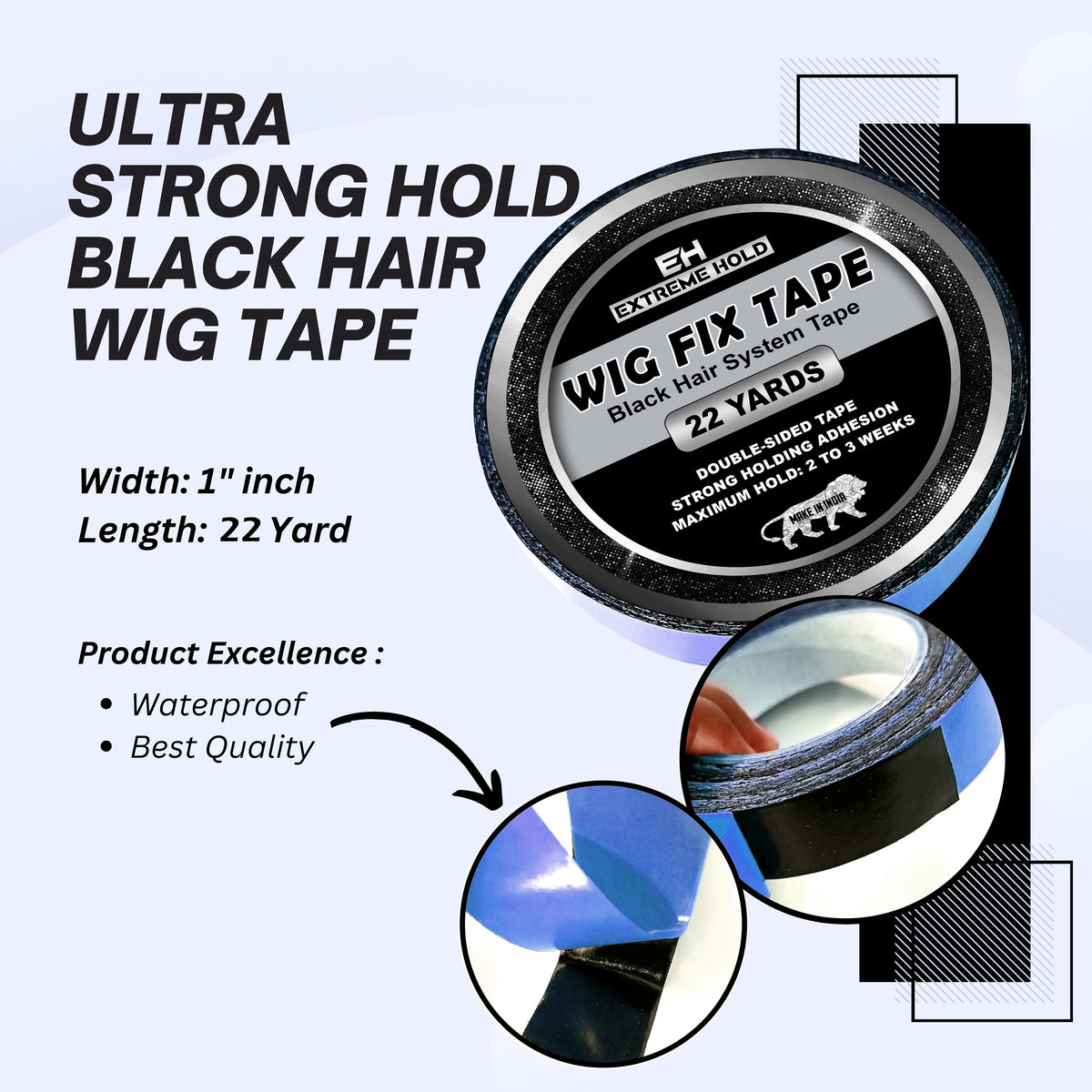 Extreme Hold Premium 22m Black Blue Cotton Double Sided Wig Tape For Hair System.