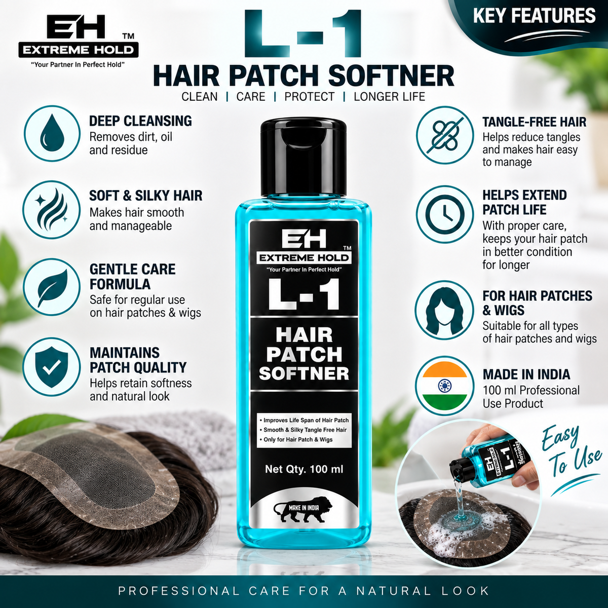 Extreme Hold L-1 Hair Patch Softener| Soft, Silky and Tangle-Free Hair Styling(100 ml)