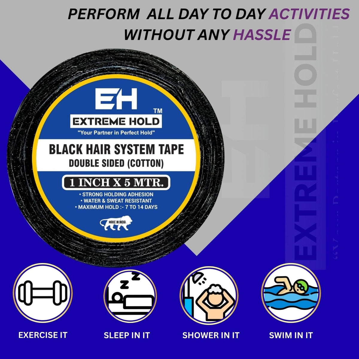 EXTREME HOLD Black 5m | Strong Hold Hair Patch & Wig Adhesive Tape. Hair Accessory Set (Black)