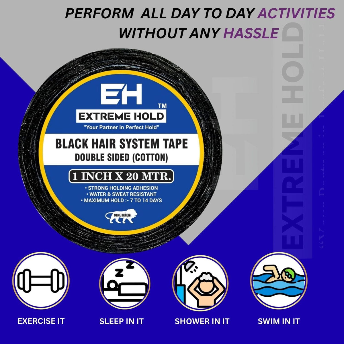 EXTREME HOLD 20yard Double Sided Waterproof/ Wigs Tape used as Patch & Toupee-for Men & Women (Black)
