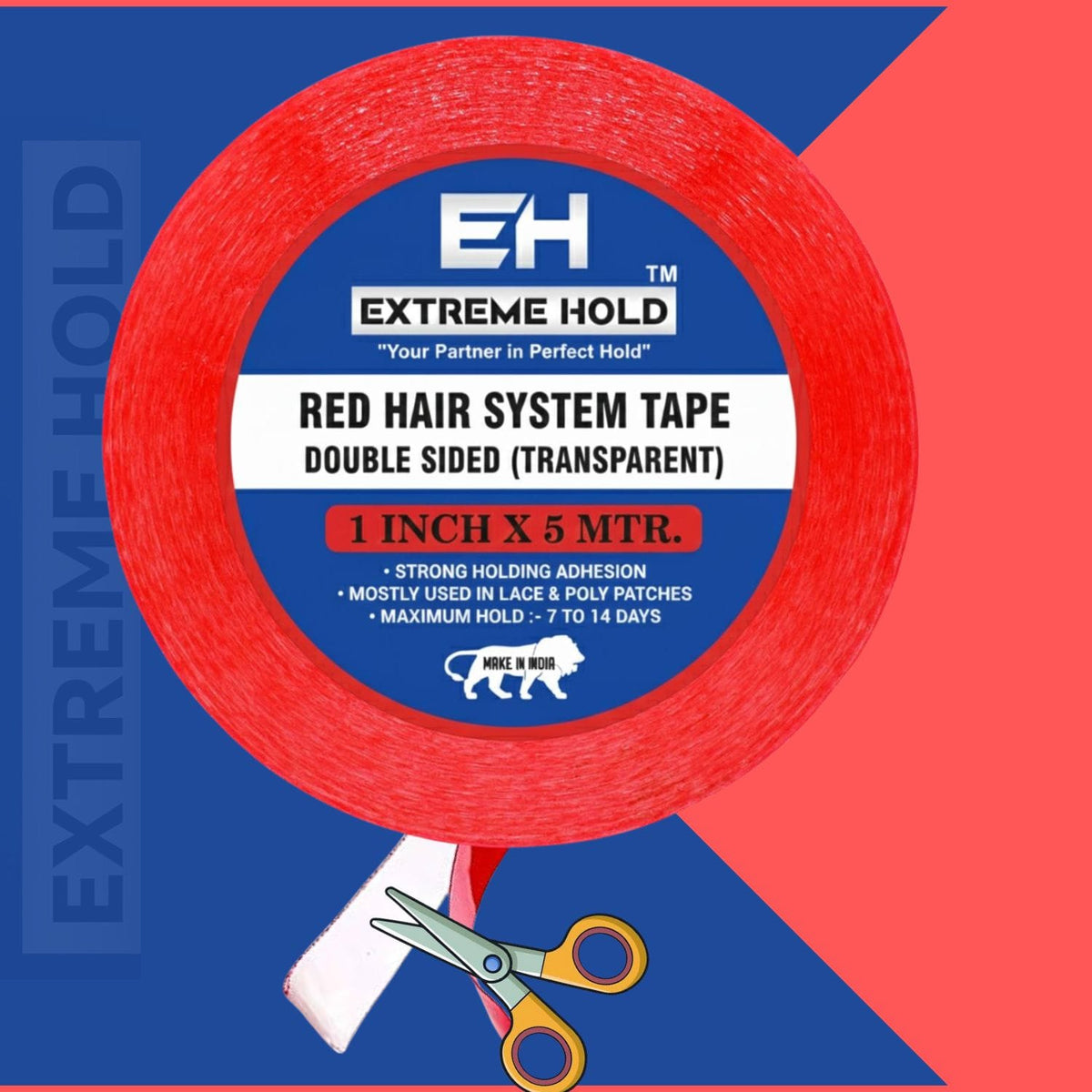 EXTREME HOLD Red Hair System Double Sided Transparent Tape 5m for Wig Patch Hair Accessory Set (Red)