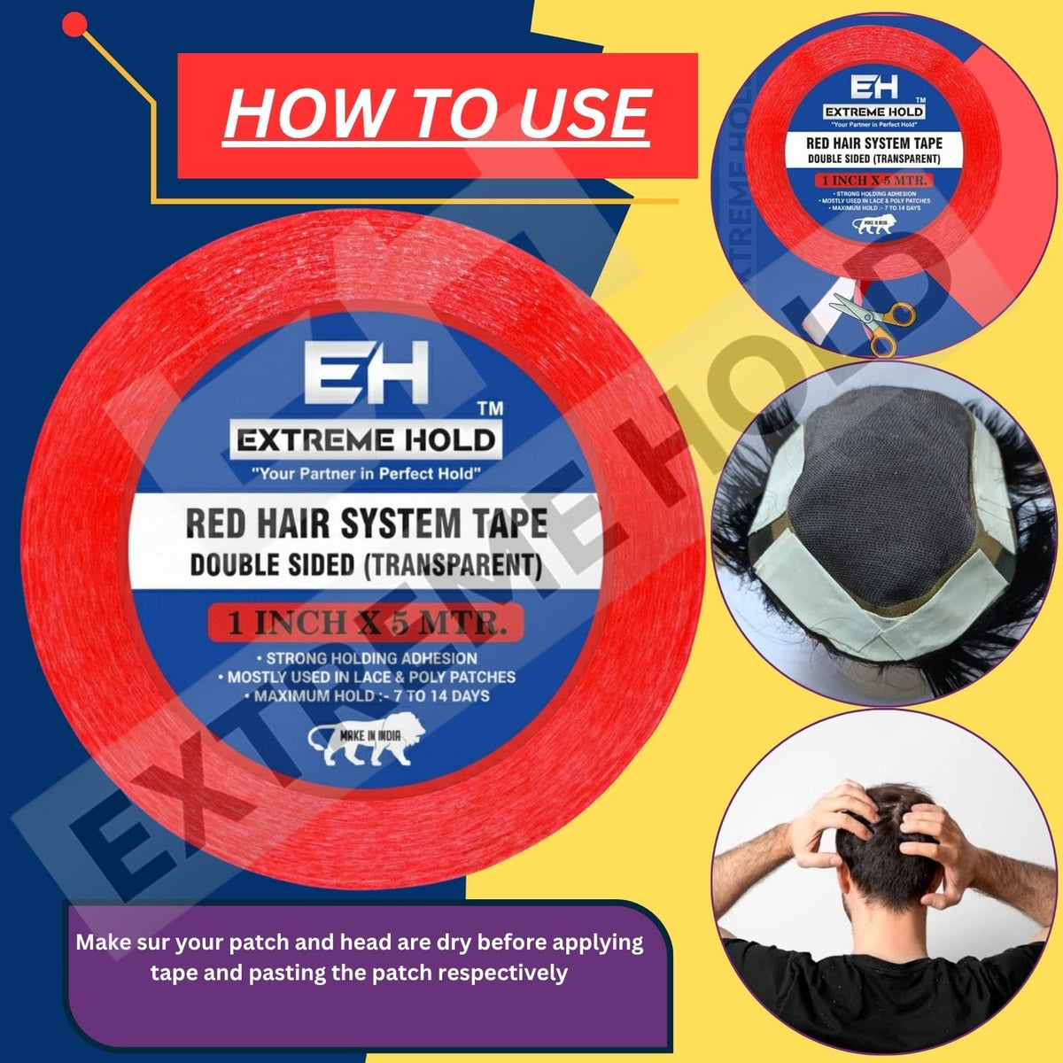 EXTREME HOLD Red Hair System Double Sided Transparent Tape 5m for Wig Patch Hair Accessory Set (Red)